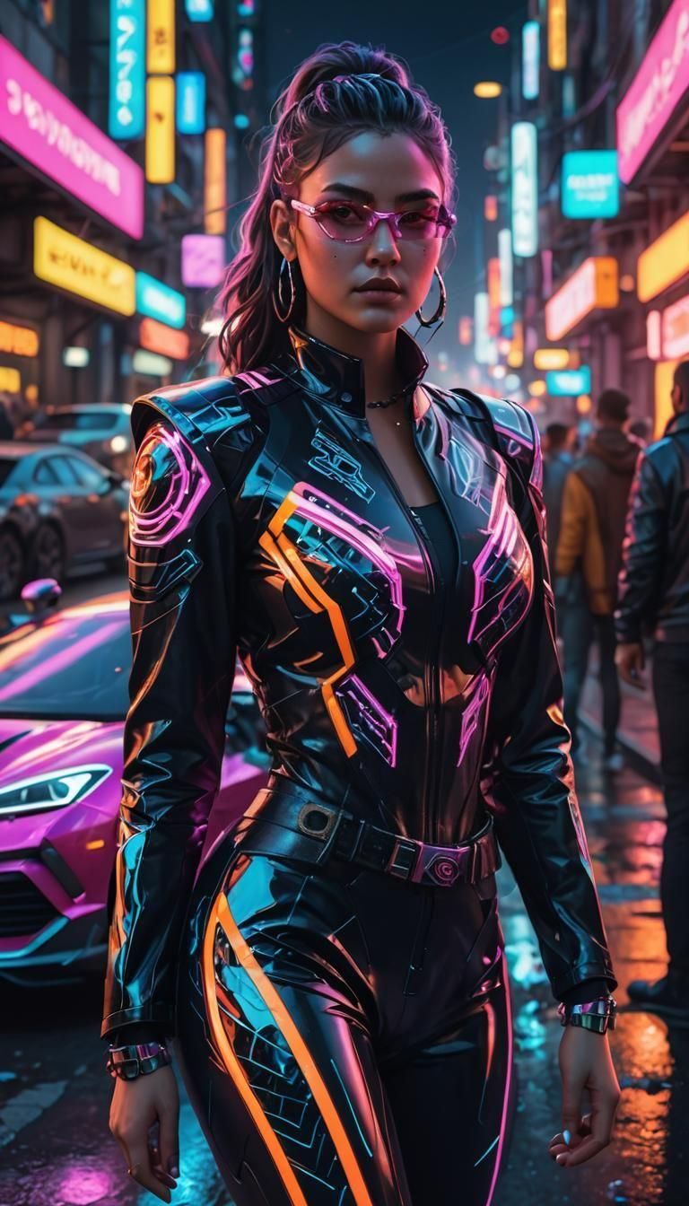Cyberpunk Girl in Neon City with Race Car