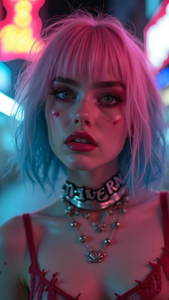 Cyberpunk Circus Queen with Edgy Fashion and Neon Backdrop
