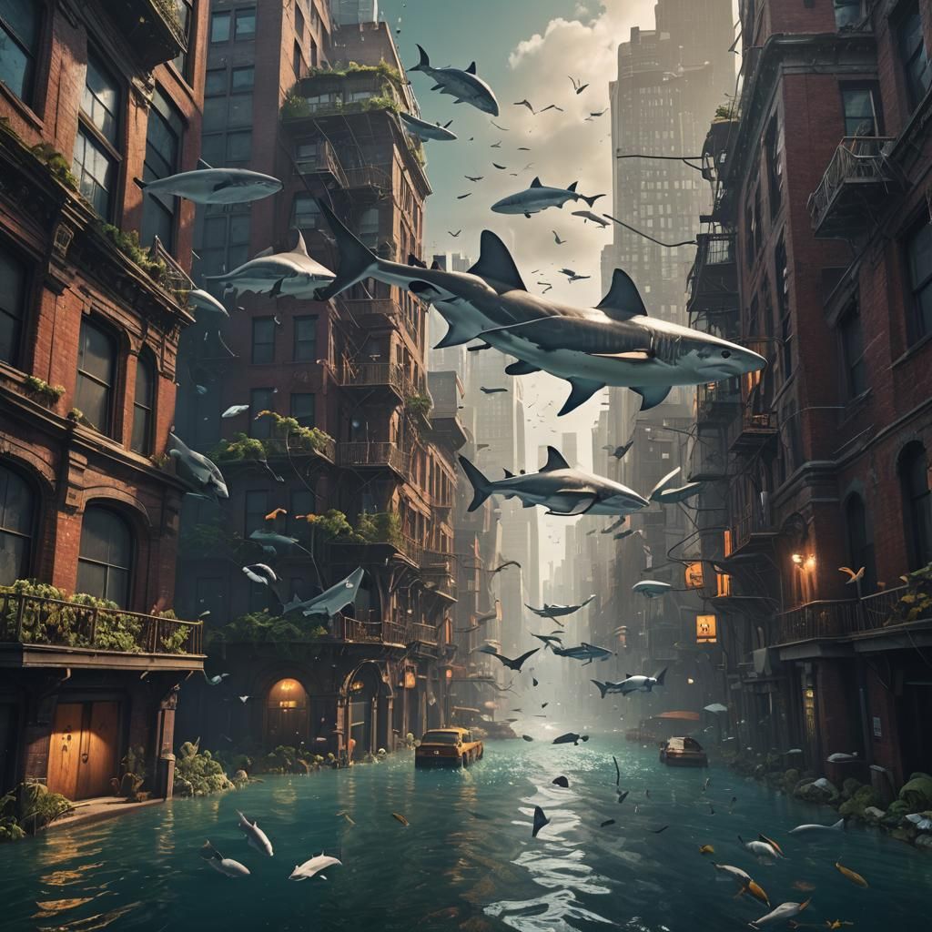 Underwater New York City with Sharks and Birds