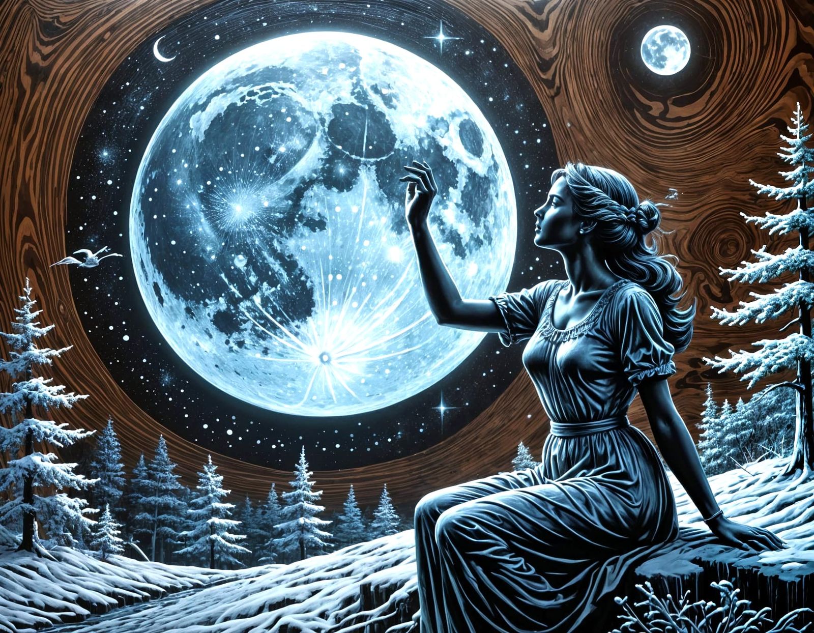 Snow Moon Echoes Distantly in Kinetic Woodgrain Style