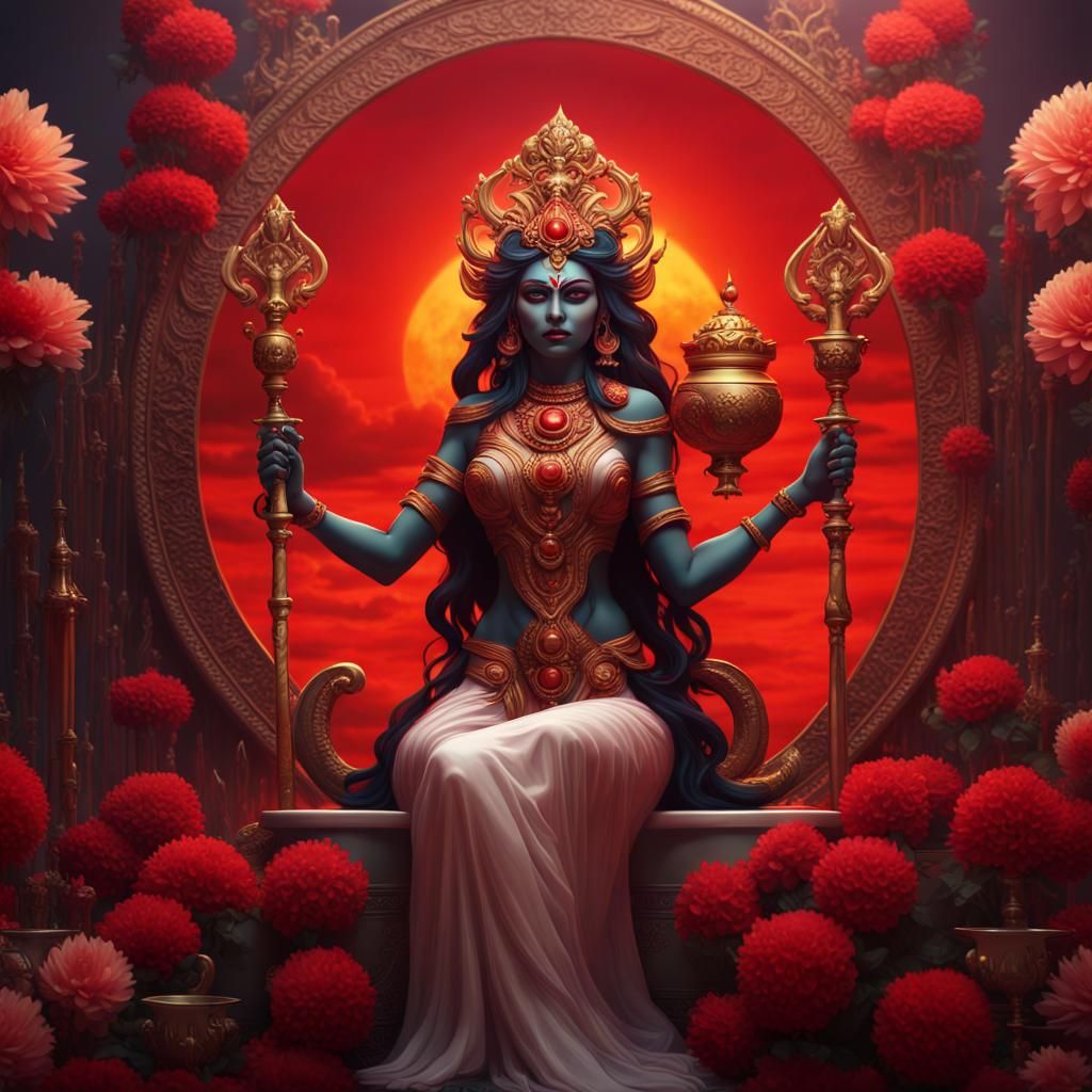 Powerful Goddess Kali with Scepter and Throne