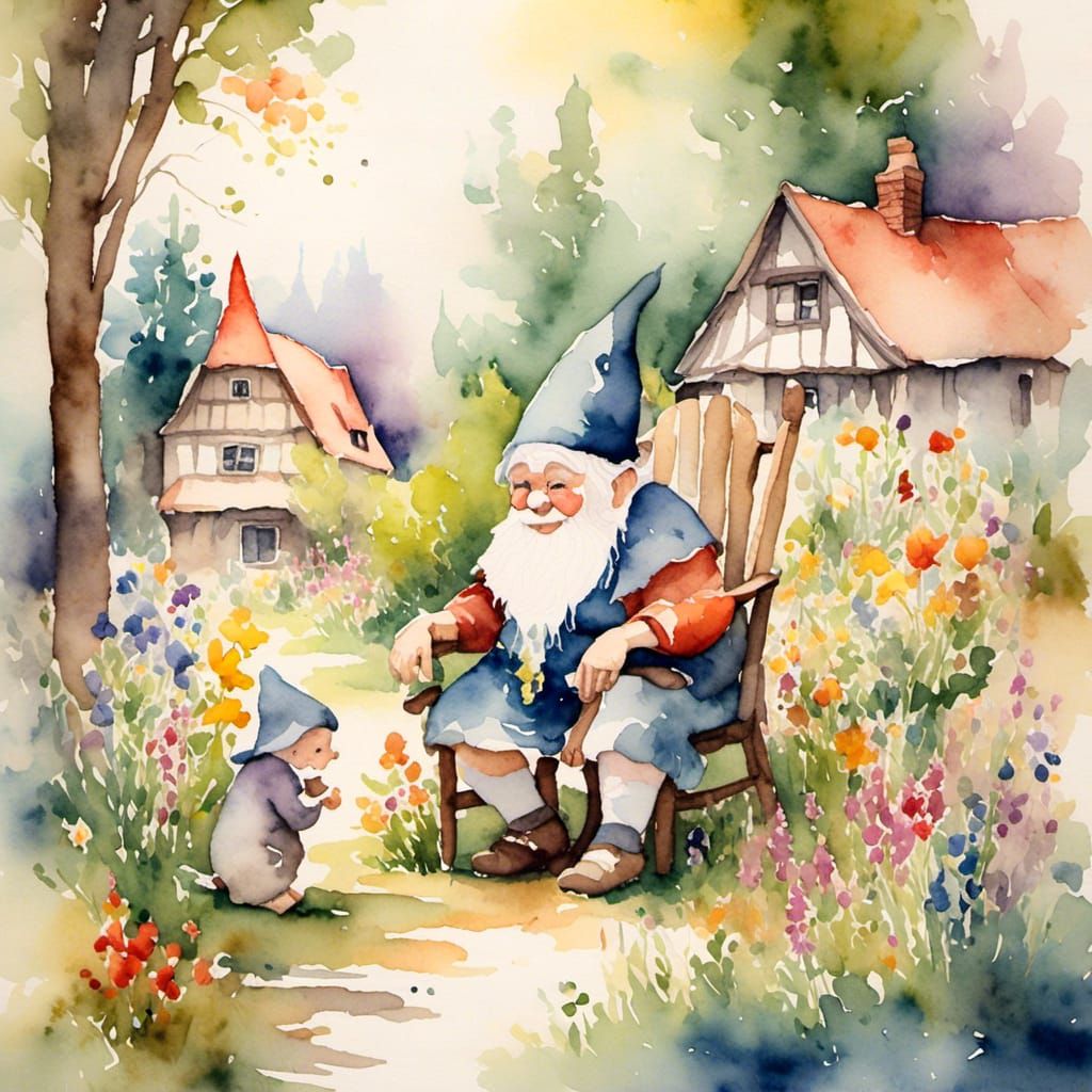 Whimsical Gnome Grandma Watercolor in Lush Garden