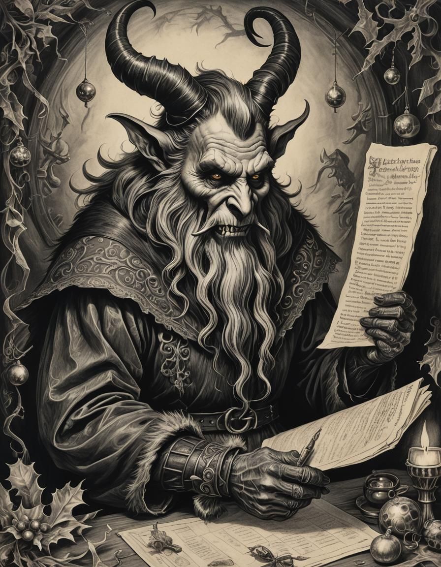 Gothic Krampus Naughty List in Charcoal Drawing