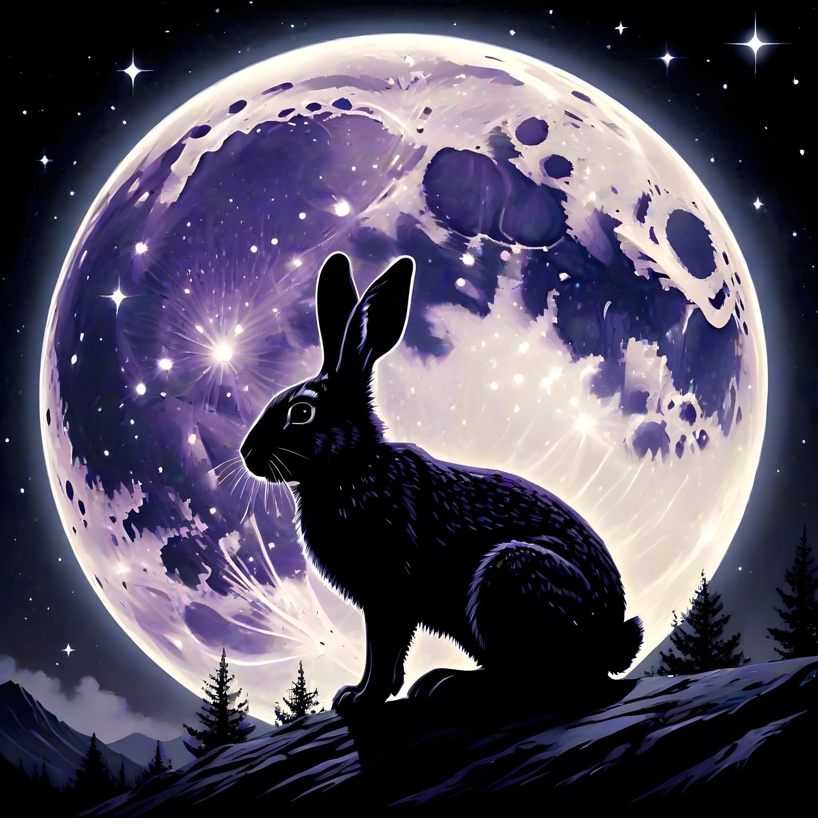 Dark Violet Moon with Intricately Cut Rabbit Stencil