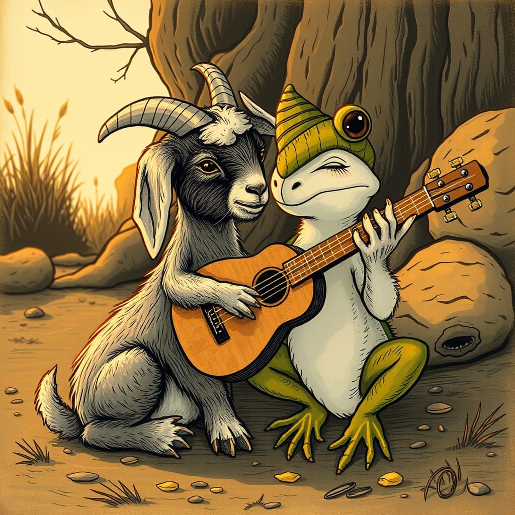 Baby Goat Plays Frog Croaker in Lithographic Style