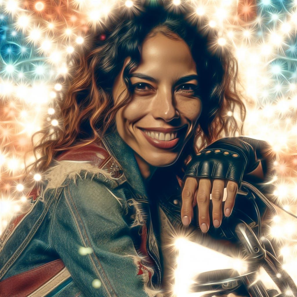 Confident Hispanic Biker Woman in Light Field Photography St...