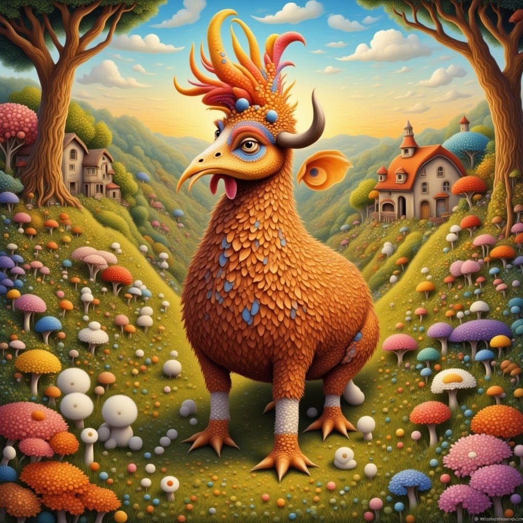 Whimsical Feathered Cow on Idyllic Farm