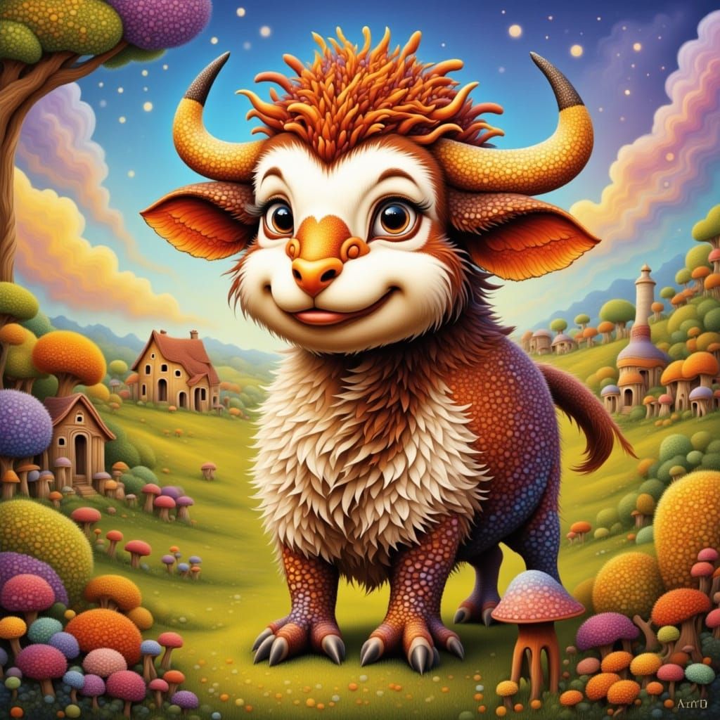 Whimsical Cartoon Cow with Chicken Feathers on Farm