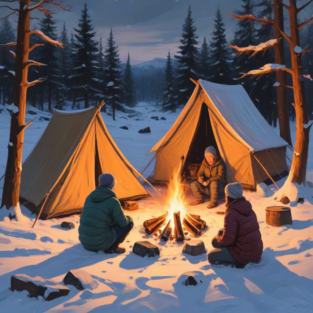 Winter Wilderness Gathering in Vibrant Impasto Style