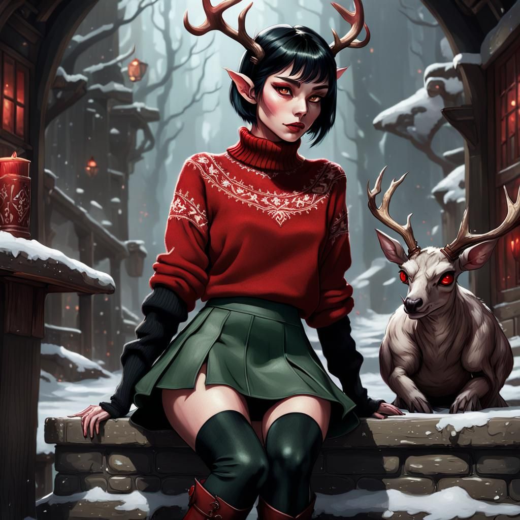 Elf with Antlers in Oversized Sweater, Fantasy Art