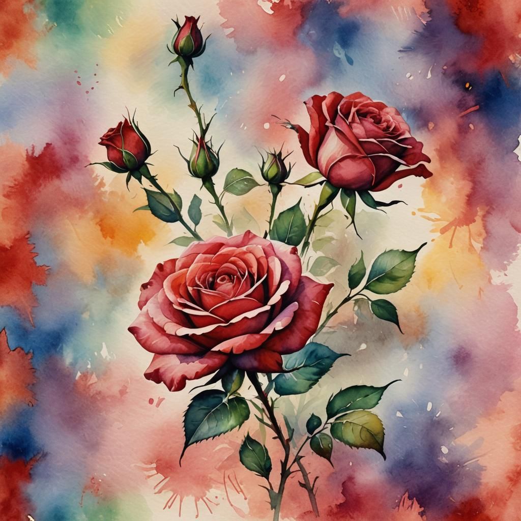 Red Rose Watercolor Painting with Abstract Background