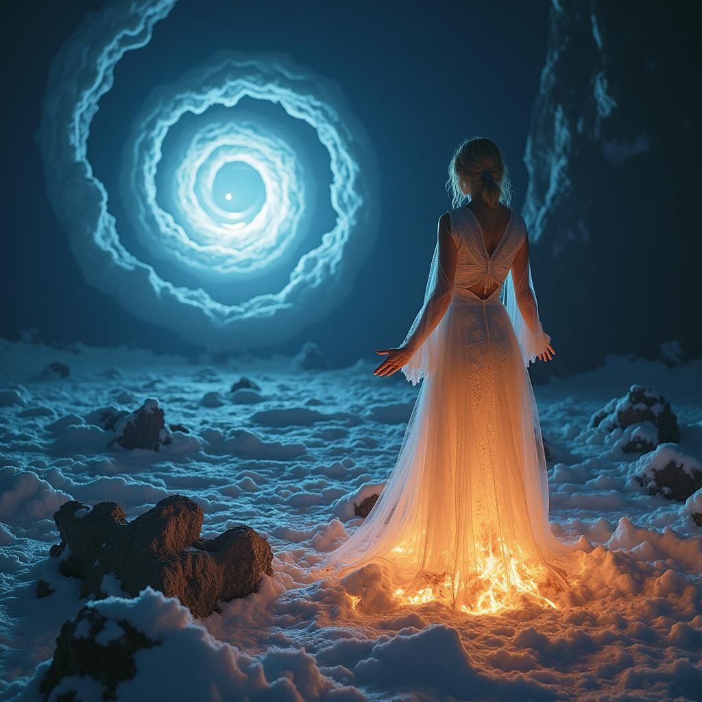 Ice Queen in Fiery Landscape