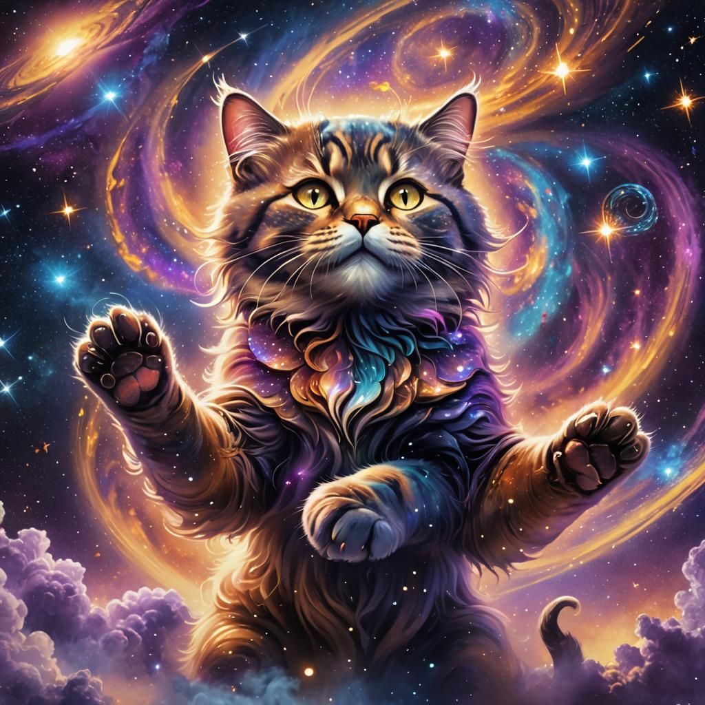 Celestial Cat Playing with Galaxy, Digital Matte Painting