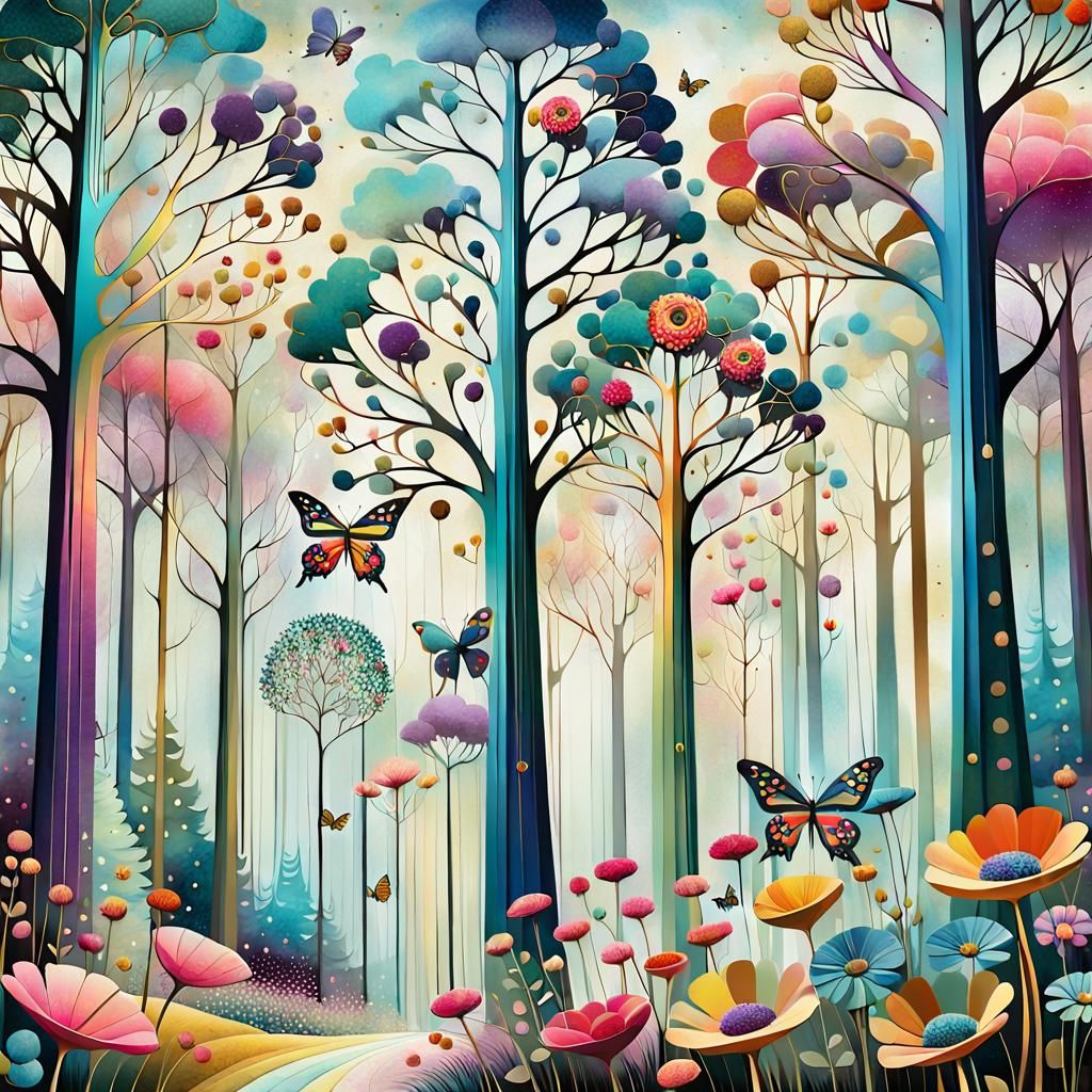 Abstract Geometric Flowers and Trees with Butterfly