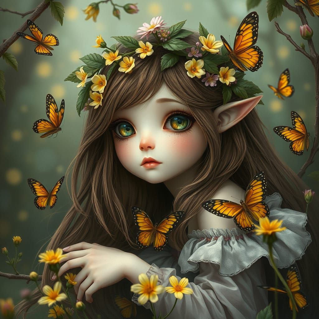 Beautiful Fairy Surrounded by Butterflies in Magical Autumn