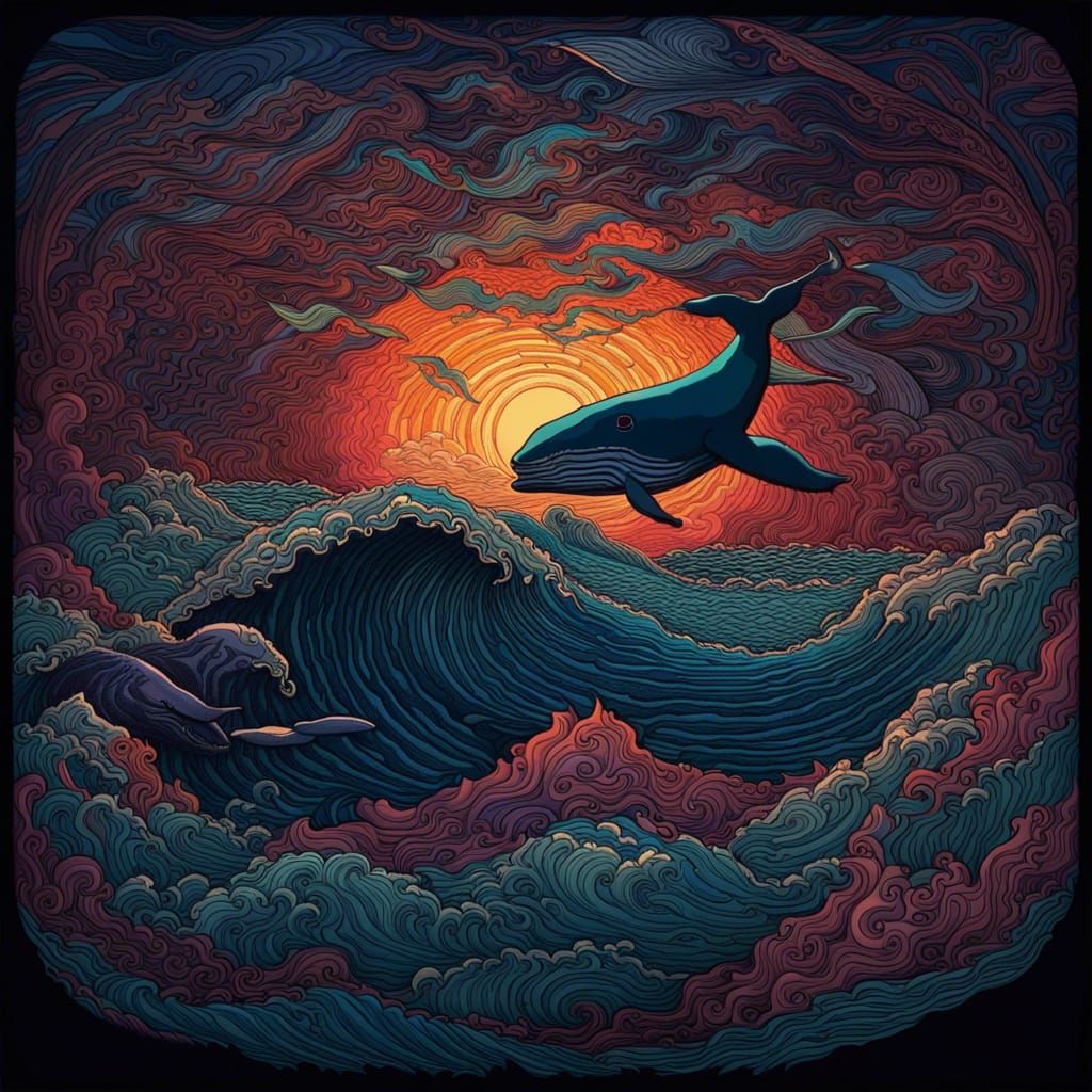 Psychedelic Whale Breaching at Sunset in 3D Paper Cut Style