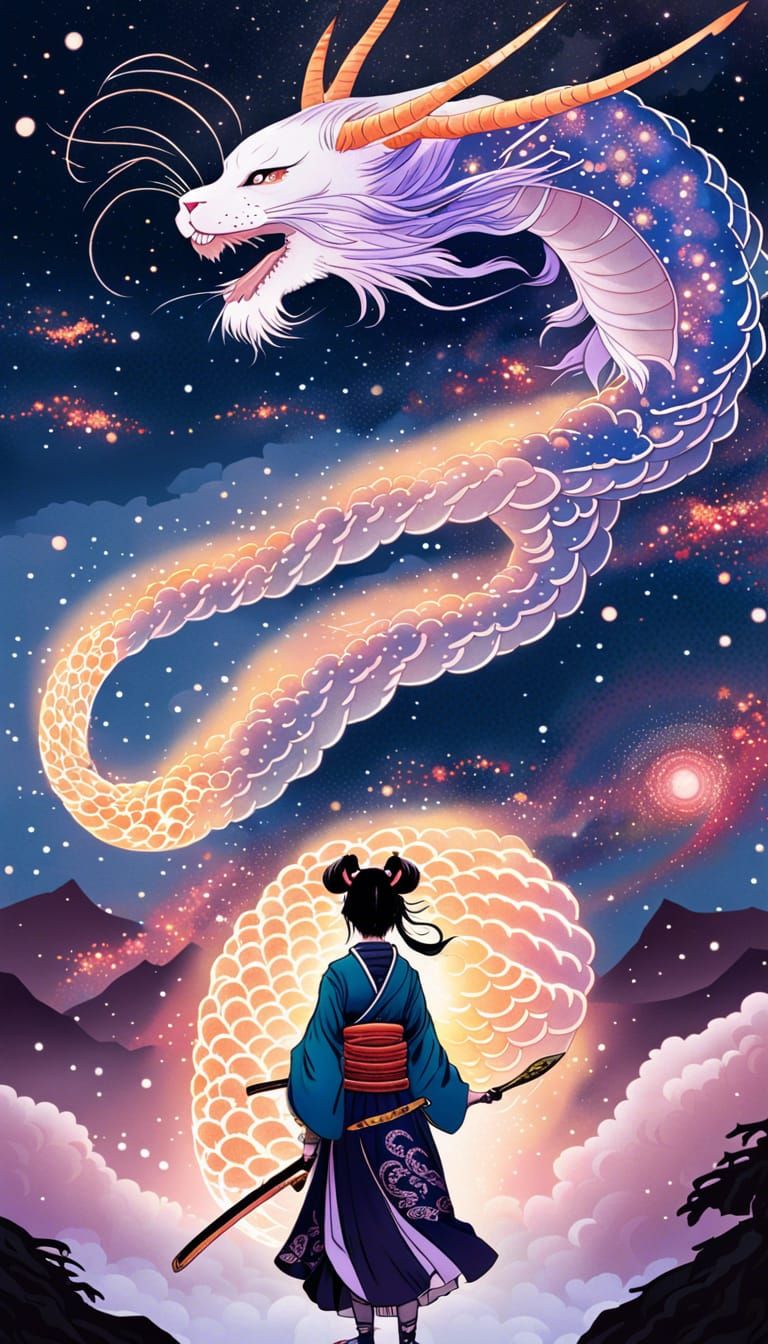 Samurai and Dragon in Cosmic Ukiyo-e Style