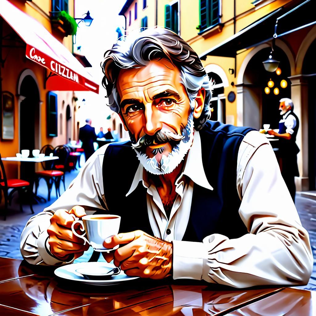 Anime Style Italian Man Having Tea