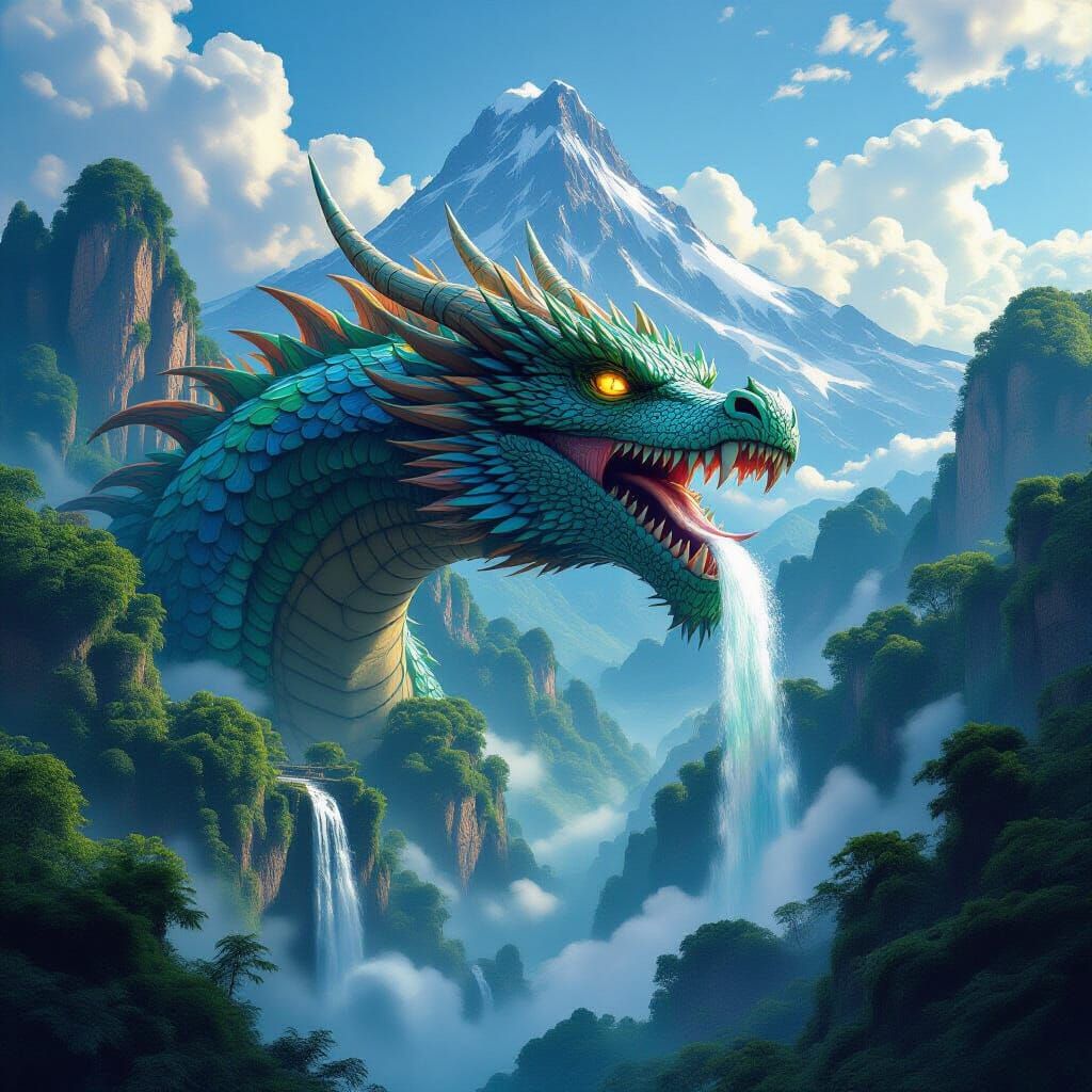 Mechanical Dragon Waterfall in Bioluminescent Jungle