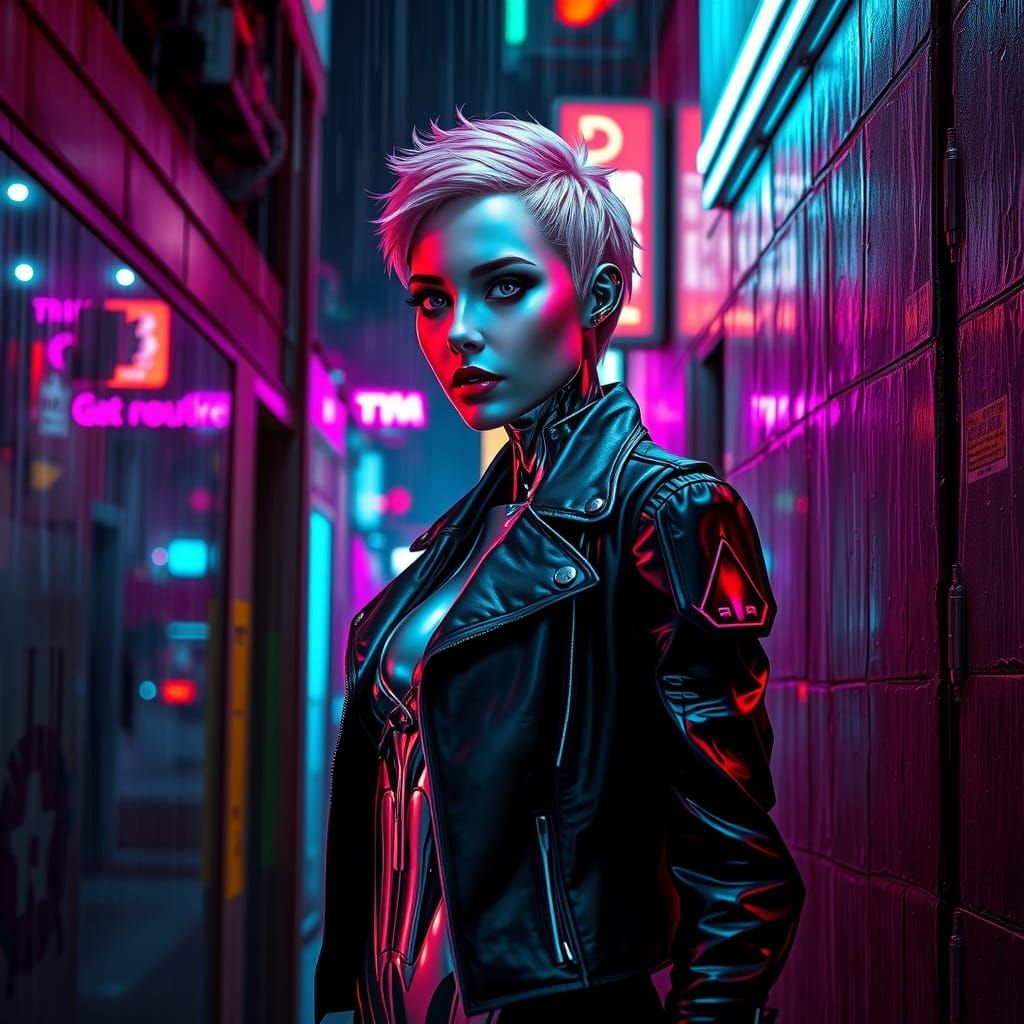 Cyberpunk Robot Woman in Neon Alleyway