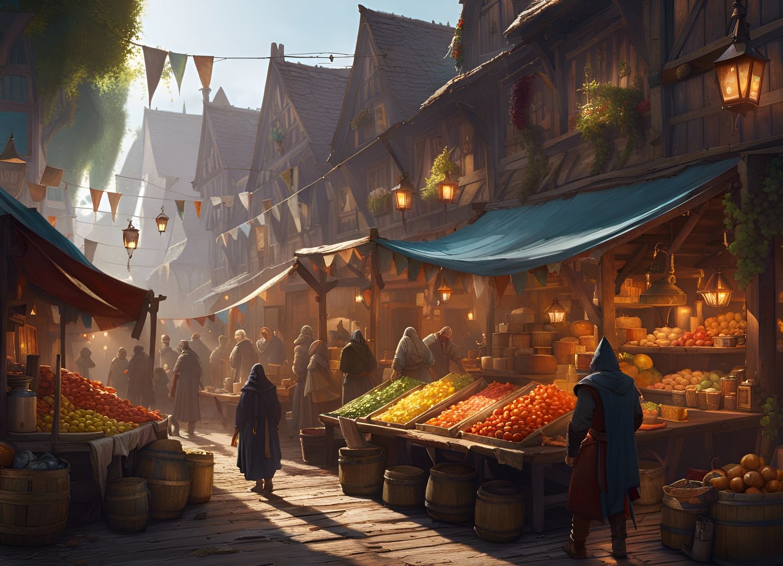 Medieval Market Illustration in Watercolor Style