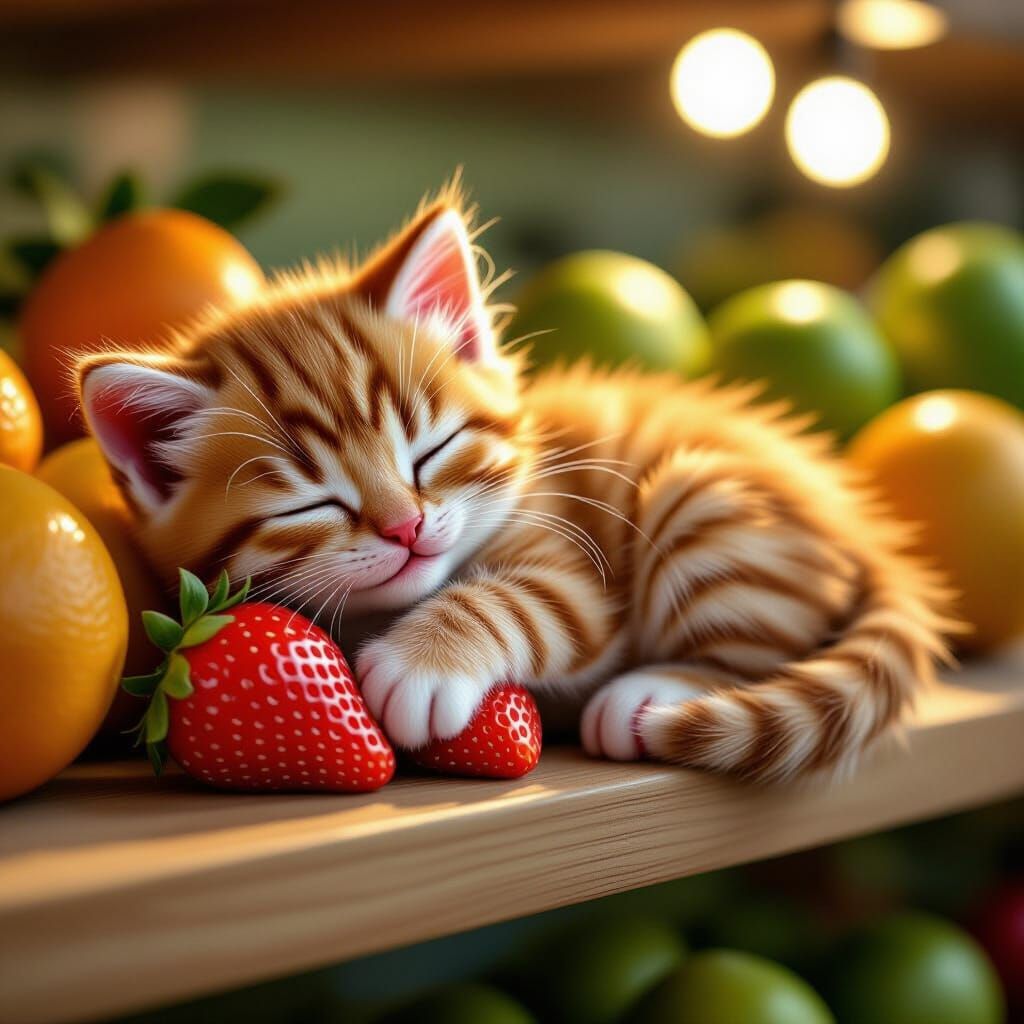 Whimsical Strawberry Kitten Sleeping in Fruit Shop