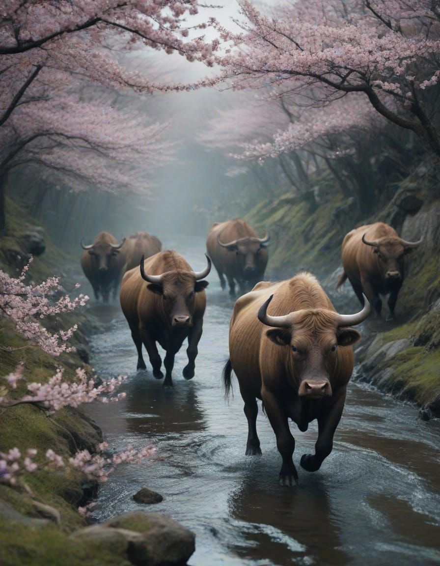 Wild Bulls in Cherry Blossom Tornado