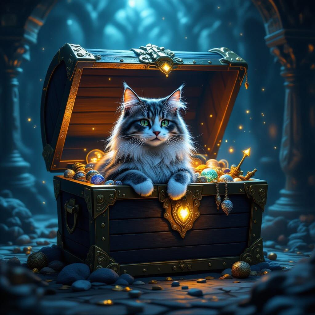 Mystical Starry Cat in Treasure Chest