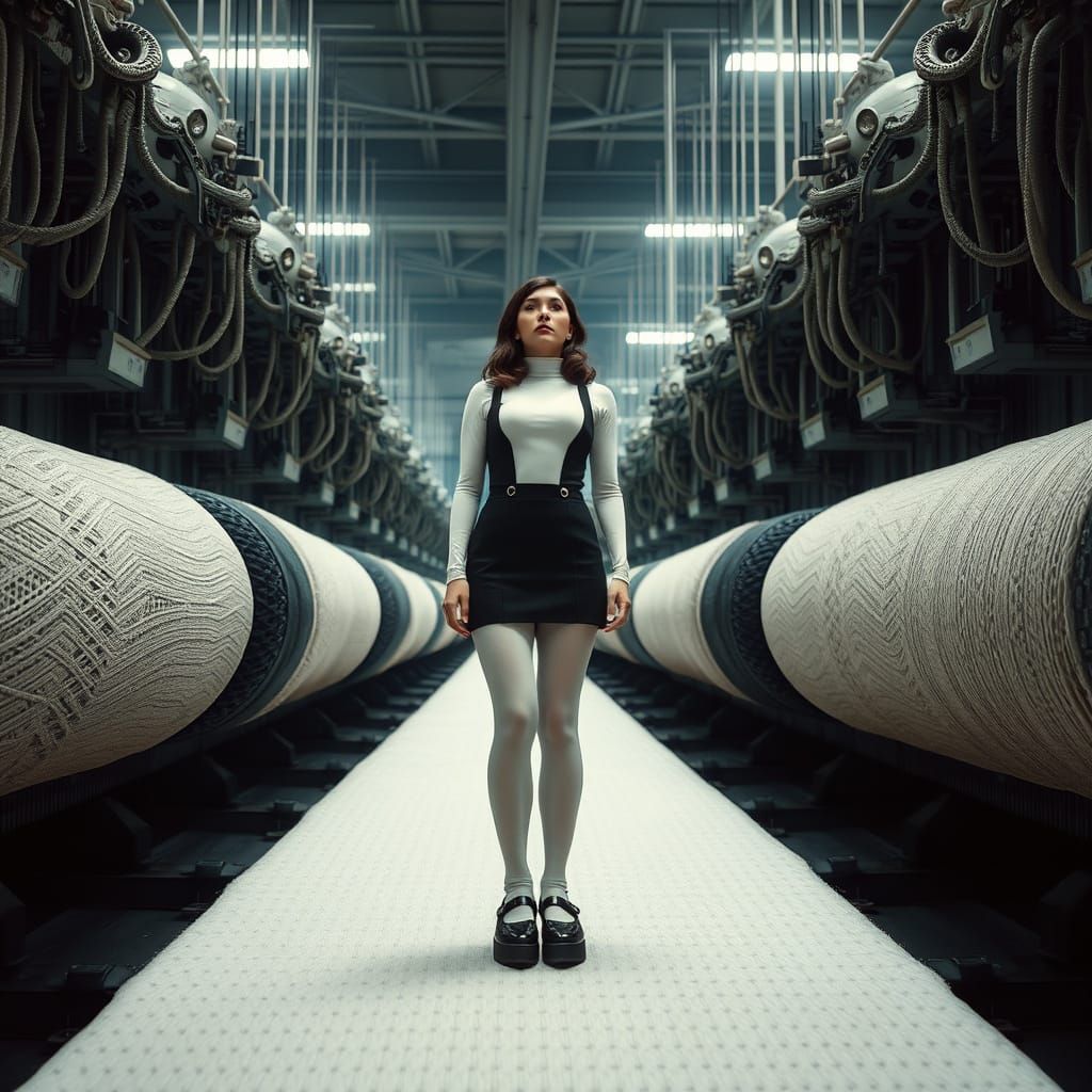 Woman on Colossal Knitting Machine: Cinematic Film Still