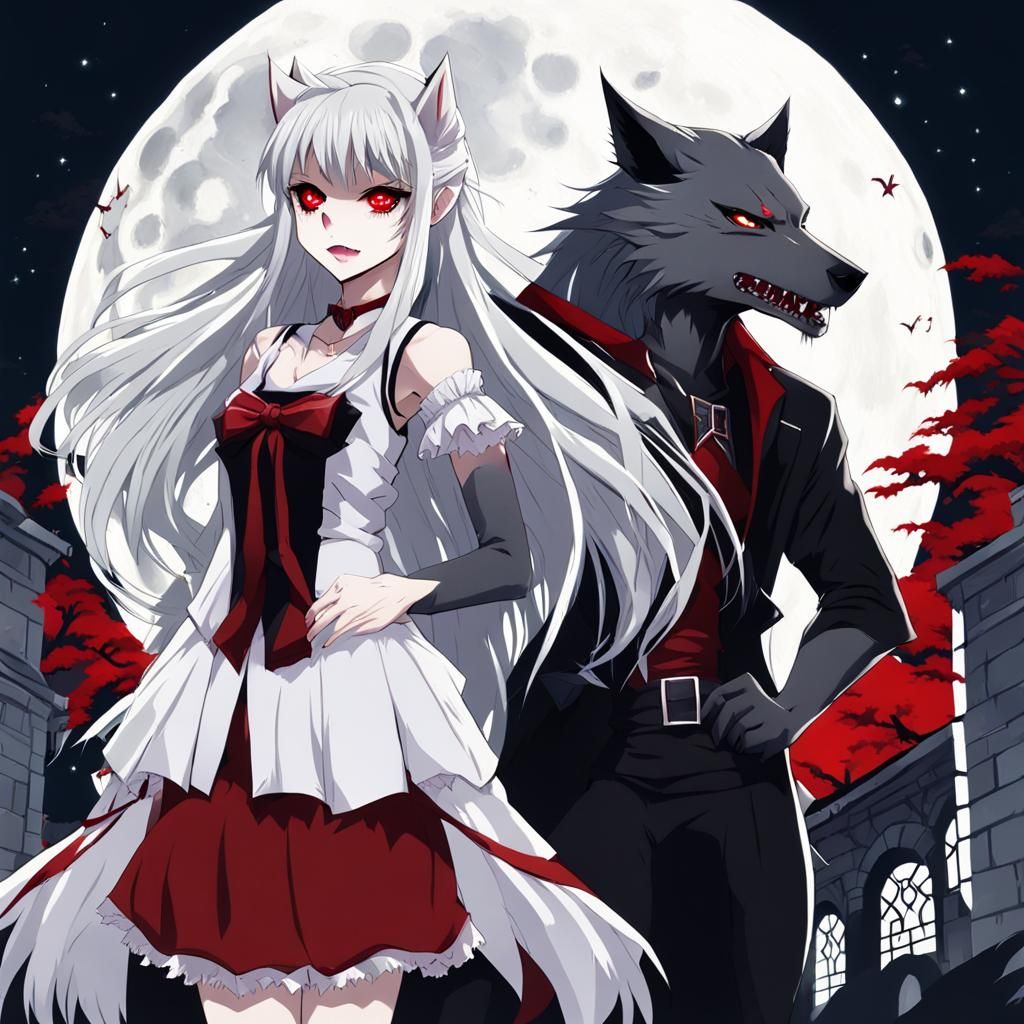 Anime Vampire Girl and Werewolf Under Moon