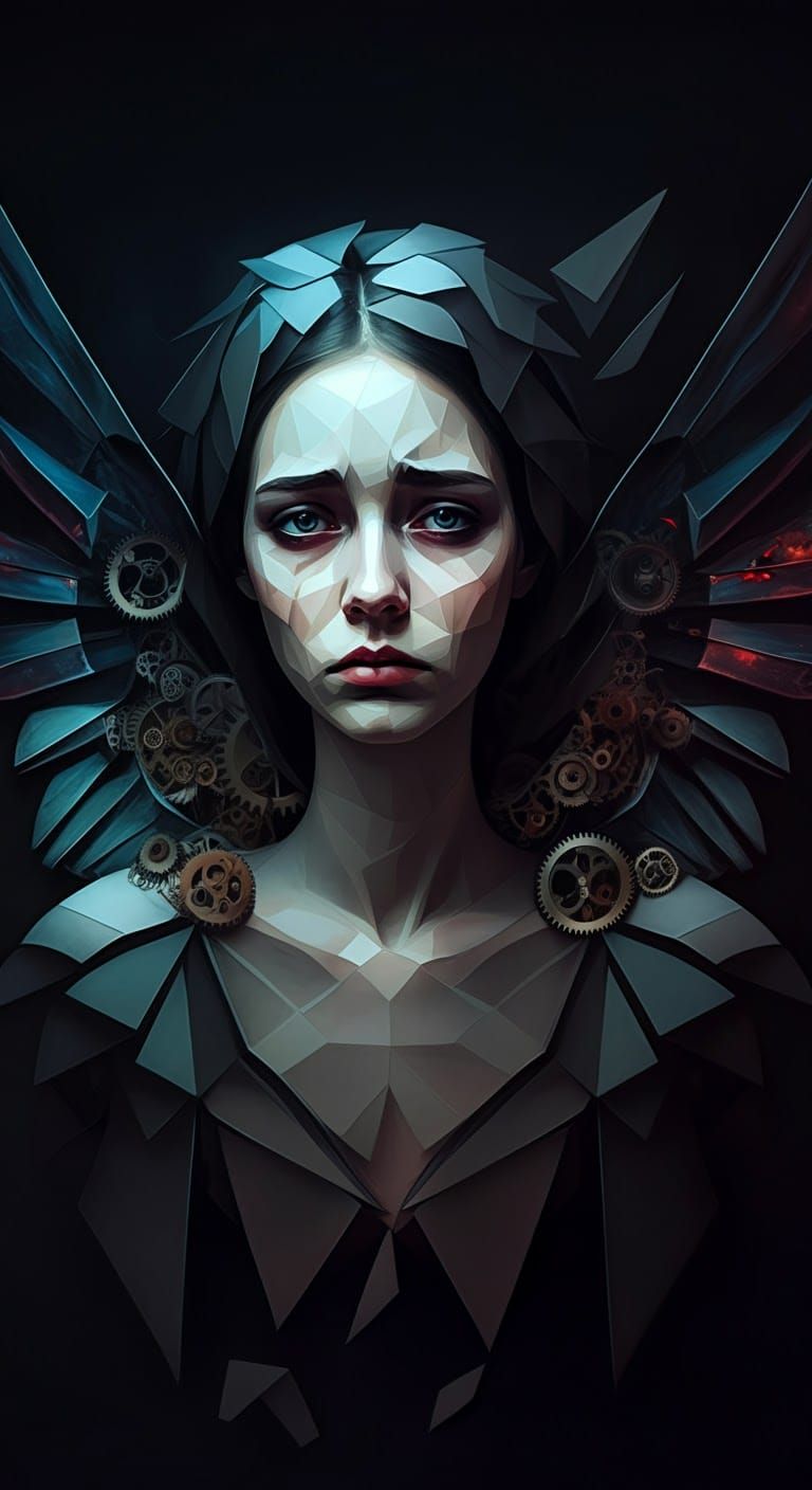 Geometric Woman with Wings in Cubist Style