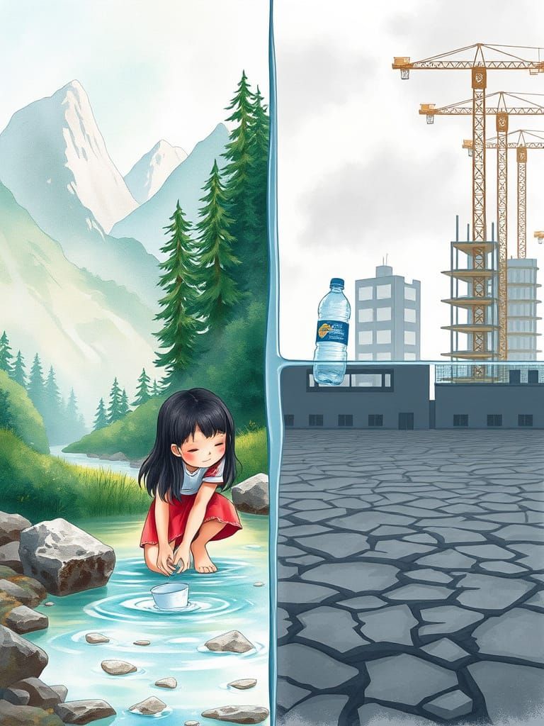 Contrasting Worlds: Girl Amidst Nature and Urban Decay