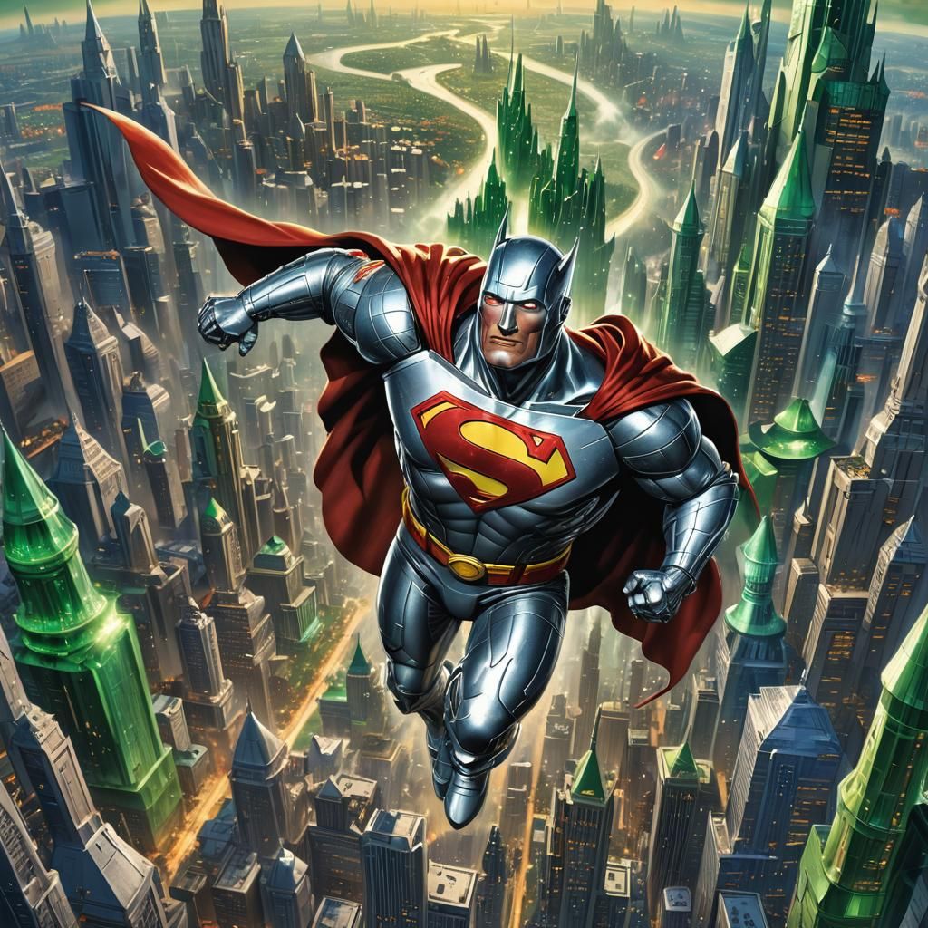The Wizard Of Oz Tinman in a Superman costume flying over The Emerald City, high detail, fantasy, superhero, whimsical, ...