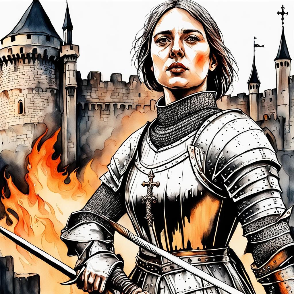 Epic Joan of Arc Portrait with Flaming Sword