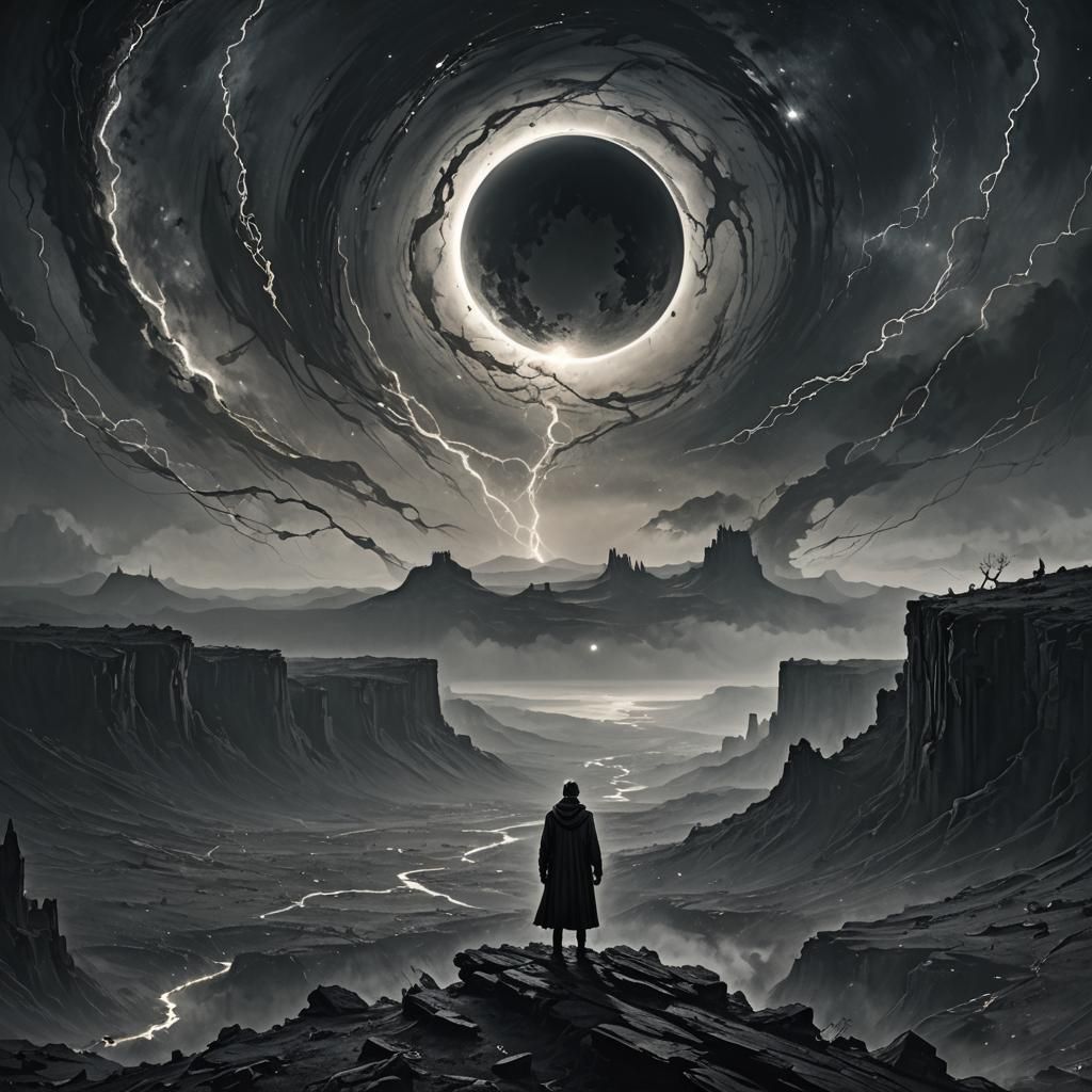 Ethereal Figure in Star-Scarred Landscape Under Ominous Ecli...