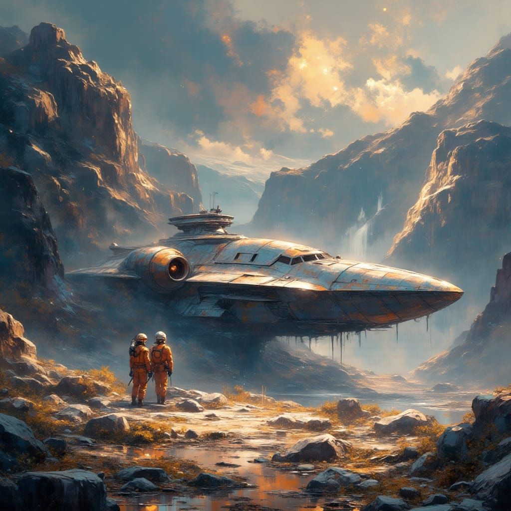Sleek Sci-Fi Spaceship Landed on Alien Landscape in Cyberpun...