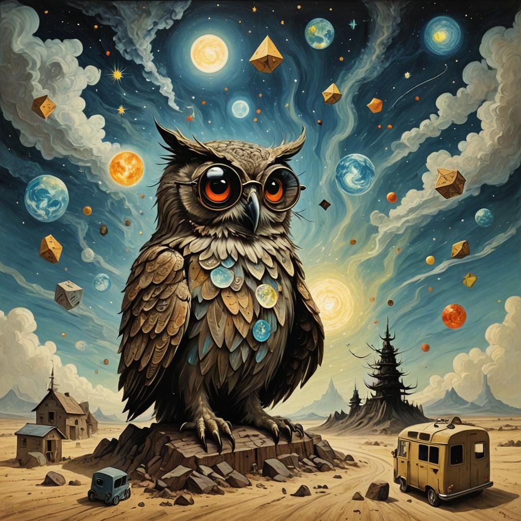 Owl Namaste in Surrealist Futurism Style