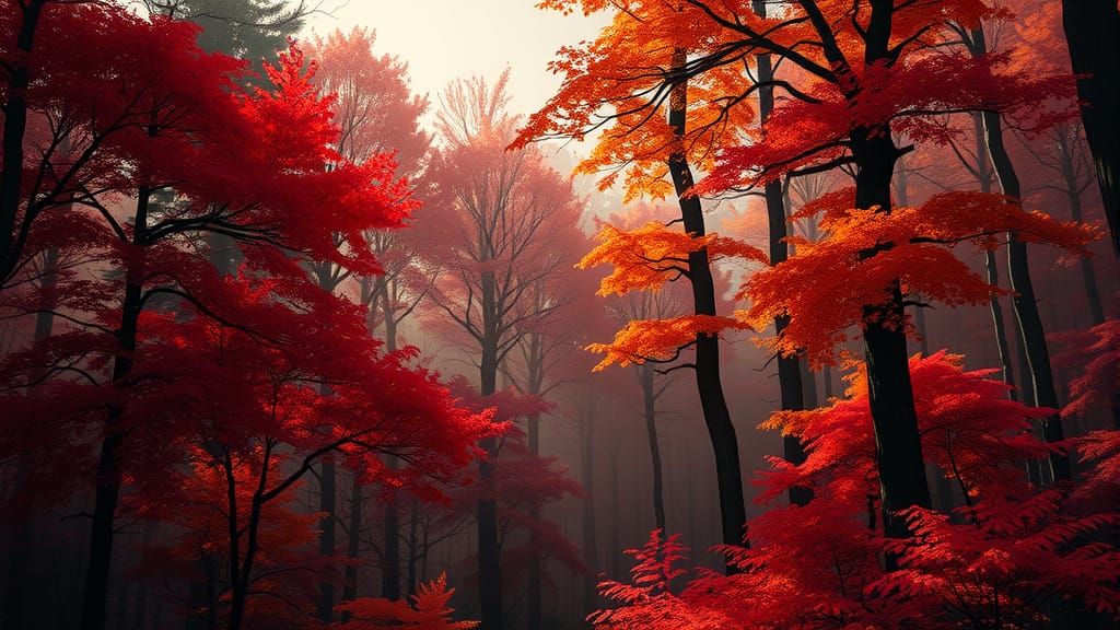 Red Forest in Autumn Light: Digital Art
