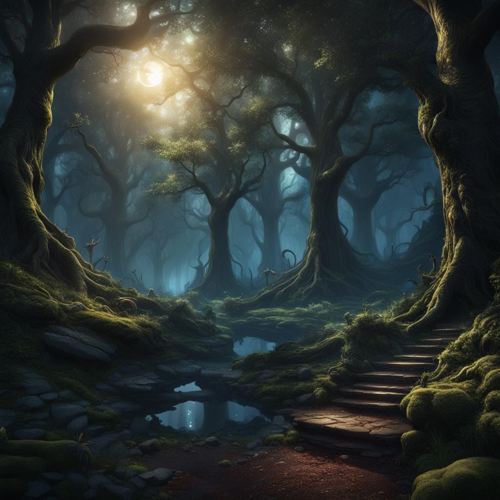 Enchanted Elven Forest at Night: Fantasy Concept Art