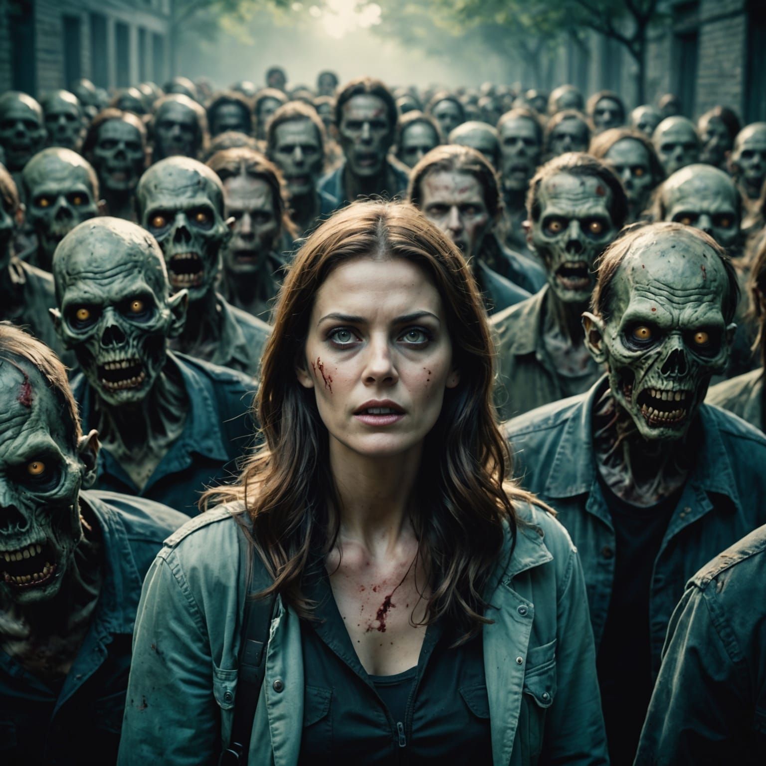 Woman Surrounded by Zombies: Cinematic Film Still