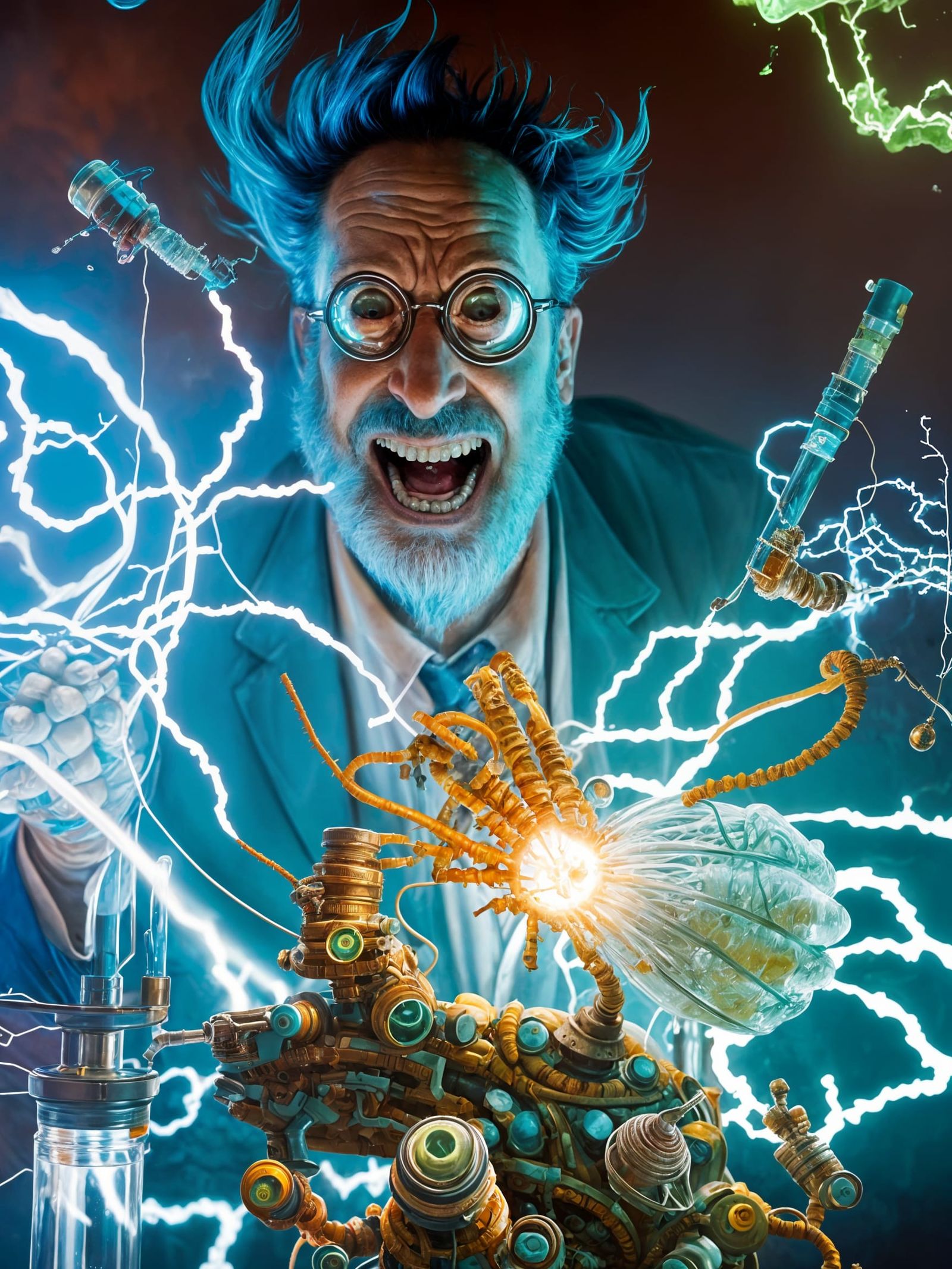 Eerie Scientist Portrait with Teal Lightning