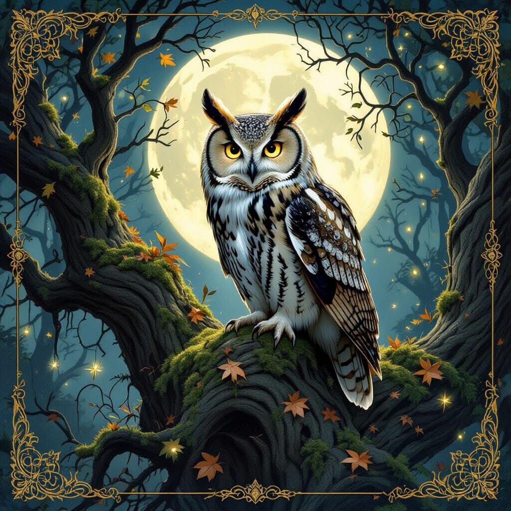 Moonlit Owl in Enchanted Forest, Fantasy Art