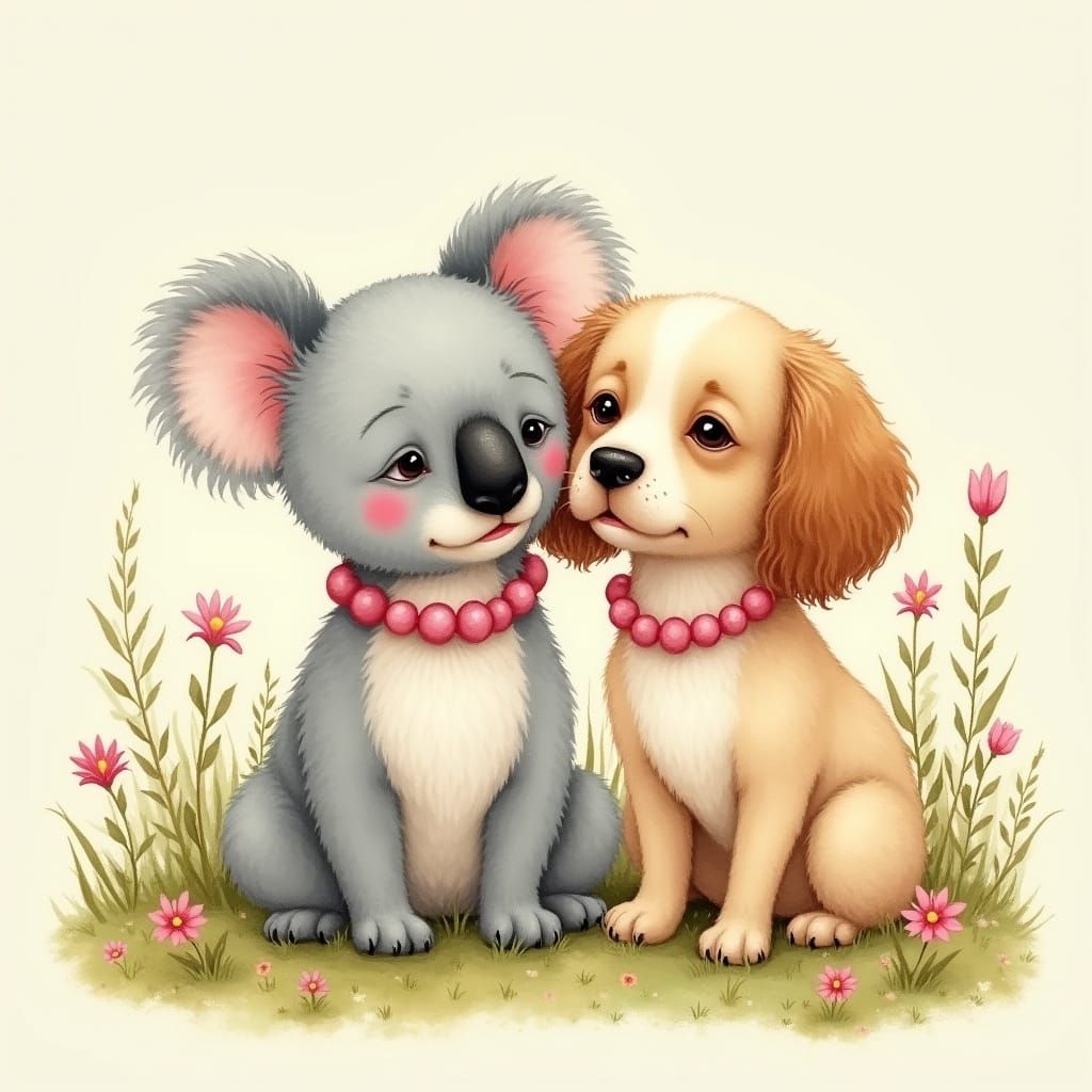 Koala Joey and Papillon Dog in Dreamy Meadow