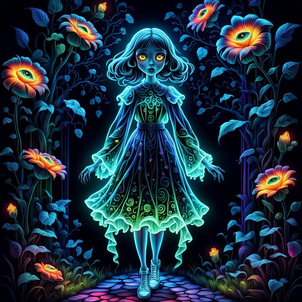 Creepy Ghost Girl with Neon Flowers, Eerie Art