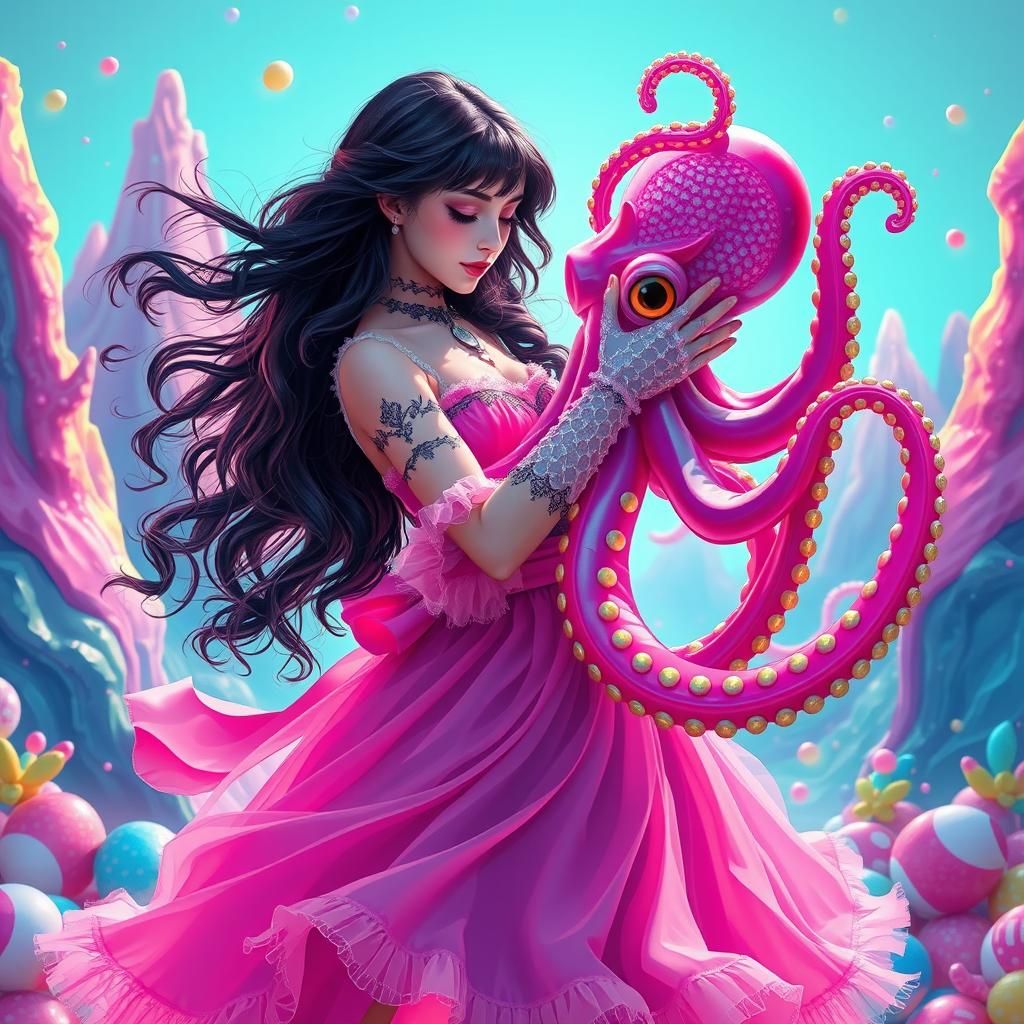 Goth Girl Dancing with Octopus in Candy Land