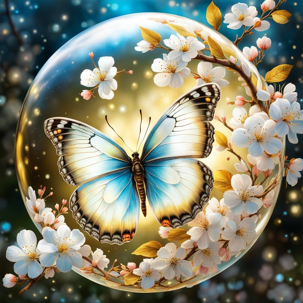 Bioluminescent Butterfly in Sphere with Cherry Blossoms