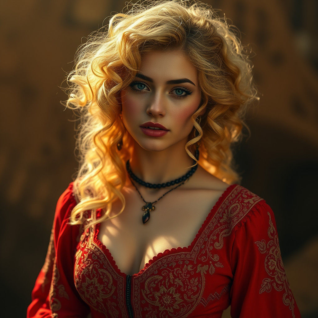Blonde Woman in Red Dress, Hyperrealistic Illustration