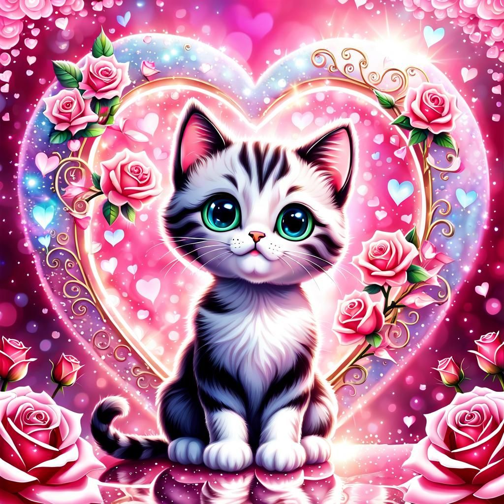 Cute Kitten in Pink Heart with Roses