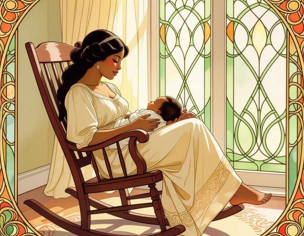 Art Nouveau Watercolor: Woman Rocks Baby in Warm Nursery Lig...