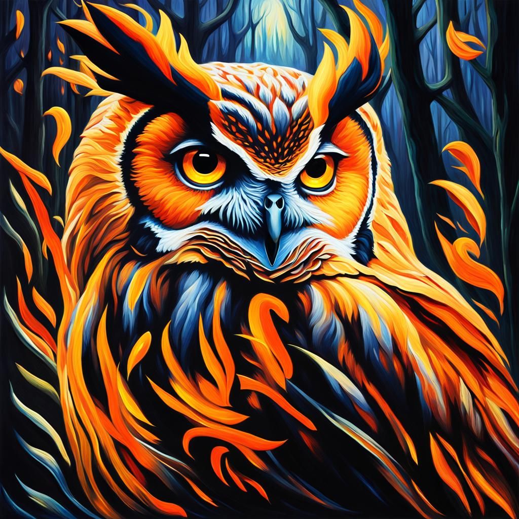 Flaming Owl in Mystical Forest, Surrealist Oil Painting
